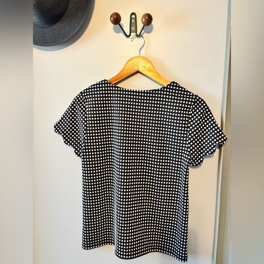 Anthropologie Pleione Gingham Black and White Checkered Women Top Scalloped - Picture 2 of 6
